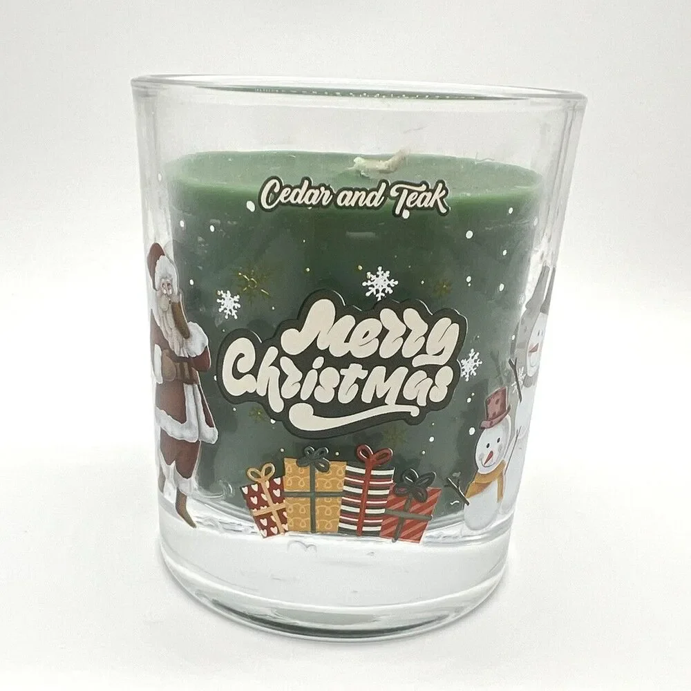 Cedar & Teak Scented 8 oz Smokeless Soy Wax Candle Glass Jar Merry Christmas NEW